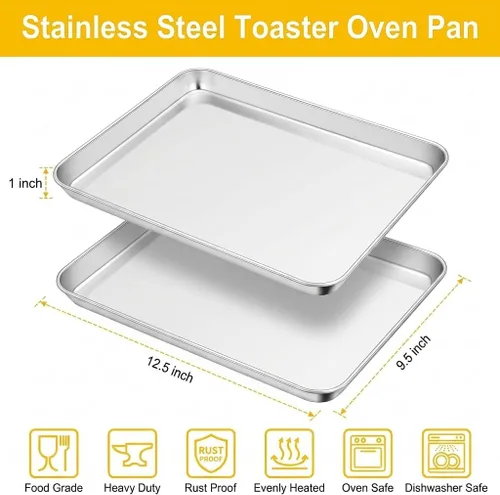 Vista 2 de TeamFar Juego de 2 sartenes para horno tostador, de acero inoxidable, 12.5 x 9.5 x 1 pulgadas, no tóxicas y saludables, sin óxido y acabado espejo