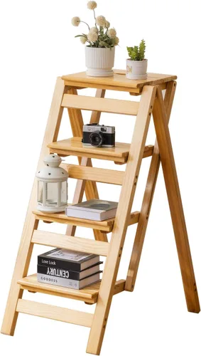 Vista 13 de Latifolia Escalera plegable de 3 escalones, taburete de bambú con protector de suelo, estante decorativo para sala de estar, cocina, jardín
