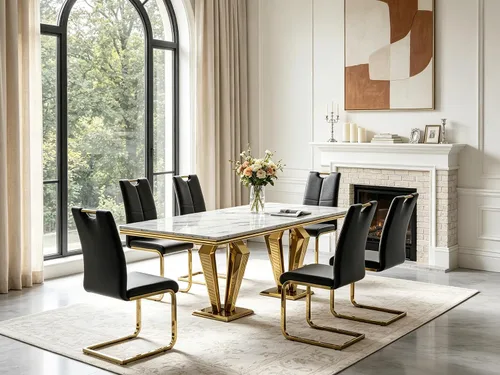 Vista 64 de 5 Piece Black Marble Dining Table Set for 4, Modern Faux Marble Kitchen Dining Room Tables with 4 Leather Chairs Set, 68.11" Luxury Rectangular