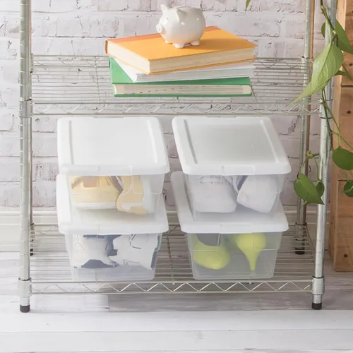 Vista 7 de Sterilite - Paquete de 12 cajas de almacenamiento apilables con tapas a presión; contenedor organizador de plástico resistente para armario, baño