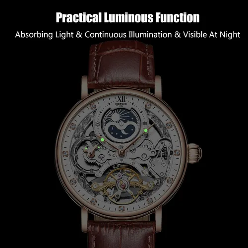 Vista 6 de RORIOS Reloj mecánico de fase lunar para hombre, con correa de cuero, automático de cuerda automática, Tourbillon, reloj de vestir de negocios