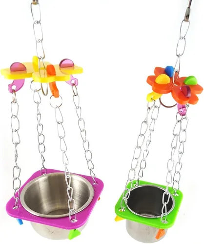 Vista 4 de Taza colgante de acero inoxidable para alimentación y bebida para pájaros y mascotas, soporte para taza y portavasos para loro, jaula de periquito