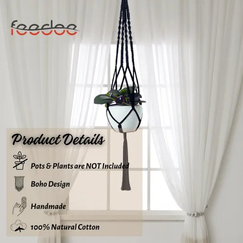 Vista 4 de Feedee Ganchos de macramé para plantas, paquete de 6, color negro, interior/exterior, algodón
