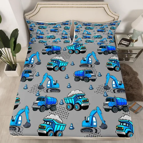 Vista 27 de Juego de sábanas bajeras ajustables para niños, diseño de caricaturas, camiones, tamaño individual, juegos de ropa de cama de excavadoras, camiones