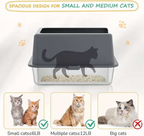 Vista 3 de Caja de arena para gatos de acero inoxidable, bandeja de arena de metal cubierta, bandejas de arena para gatos con lados altos, caja de arena
