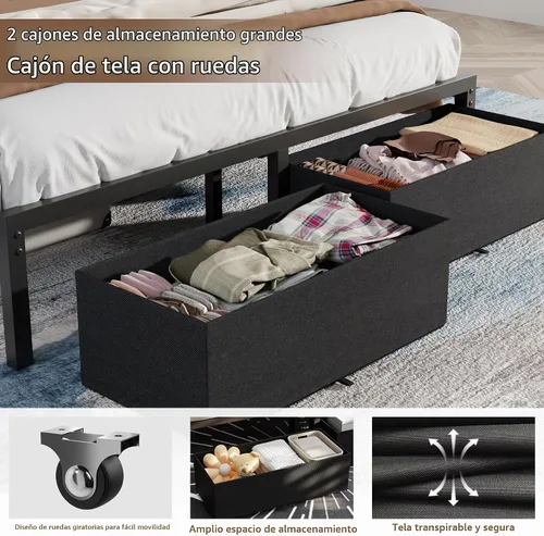 Vista 5 de Furnulem Bases de Cama Individual con Estación de Carga y Luces LED, Cabecero Tapizado Gris con Estantes, Cama de Plataforma de Metal con 2