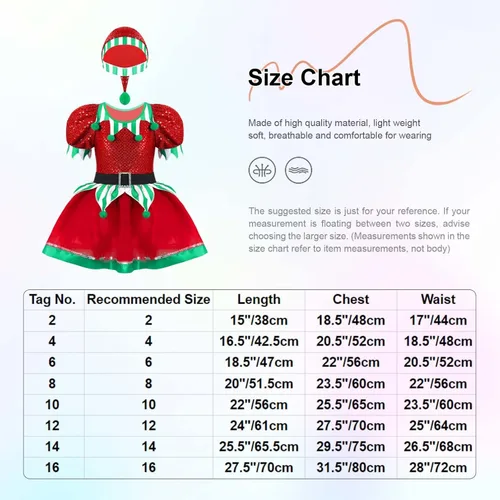 Vista 5 de dPois Disfraz de elfo de Papá Noel para niñas y niñas, vestido de tutú de lentejuelas para baile, traje festivo, fiesta de Navidad