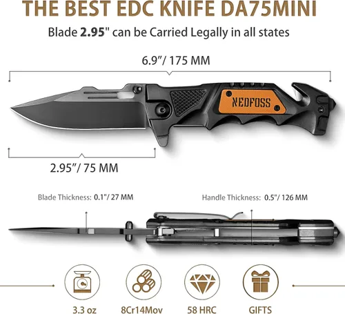 Vista 6 de NedFoss Cuchillo plegable de bolsillo DA75 Mini, cuchillo de bolsillo 3 en 1 para hombres, cuchillo de supervivencia de 2.95 pulgadas con cierre
