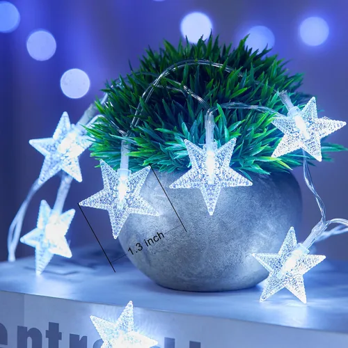 Vista 2 de Minetom - Cadena de luces con forma de estrella operadas a pilas - 5.2 m, 50 luces LED, impermeables, con temporizador, para decoración