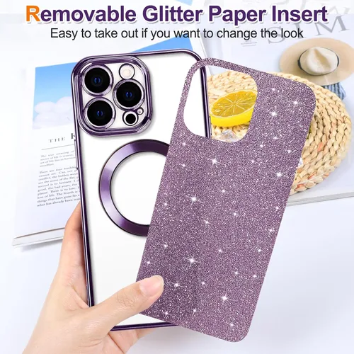 Vista 21 de Hython para iPhone 15 Plus Funda con chispas brillantes, Fundas transparentes magnéticas con protector de lente de cámara [Compatible con MagSafe]