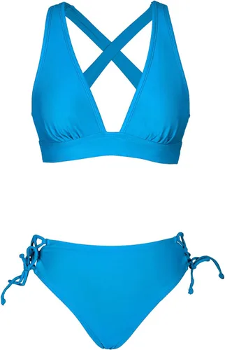 Vista 7 de CUPSHE Conjunto de bikini para mujer, traje de baño de dos piezas con cuello en V, parte superior triangular, tirantes anchos, espalda cruzada