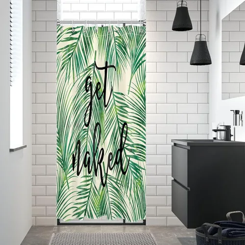 Vista 5 de LB Cortina de ducha de plantas de hojas verdes tropicales, citas divertidas y hojas de palma en cortinas de ducha beige para baño, tela de poliéster