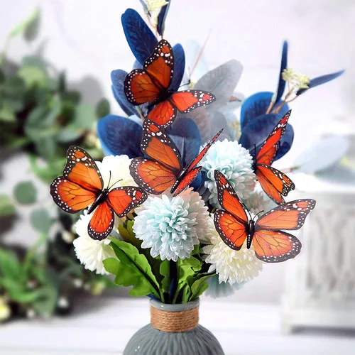 Vista 4 de Calcomanías 3D de mariposa monarca para decoración del hogar, mariposas naranjas falsas, decoración de pared para arreglos florales, calcomanías