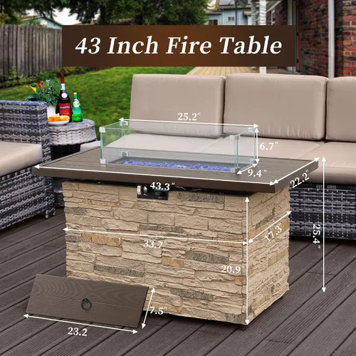 Vista 7 de Mesa de Hoguera de Propano PIZZELLO de 43 Pulgadas al Aire Libre, Mesa de Fuego Rectangular de Piedra para Exteriores, Mesa de Hoguera de 50,000 BTU