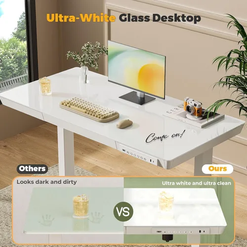 Vista 8 de Escritorio de pie de cristal de 40 pulgadas con cajón Tapa de cristal blanco