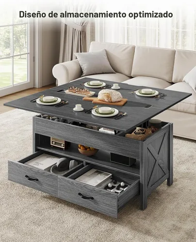 Vista 7 de Marsail Mesa auxiliar elevable, mesa central multifuncional 4 en 1 con compartimento oculto, 2 cajones y estante abierto, altura ajustable para sala