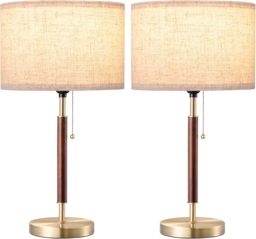 Vista 8 de EDISHINE Juego de 2 lámparas de mesa de mediados de siglo, lámpara de noche con interruptor de cadena, pantalla de lino, poste de madera maciza