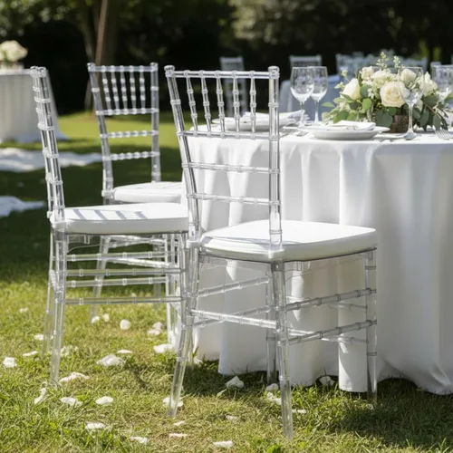 Vista 6 de FOH Juego de 3 sillas Chiavari de acrílico transparente con cojines, silla de comedor de cristal transparente totalmente montada, sillas fantasma