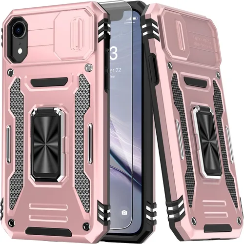 Vista 9 de MERRO Funda para iPhone 13 Pro con protector de pantalla, protección de cámara deslizante, funda resistente de grado militar con soporte magnético