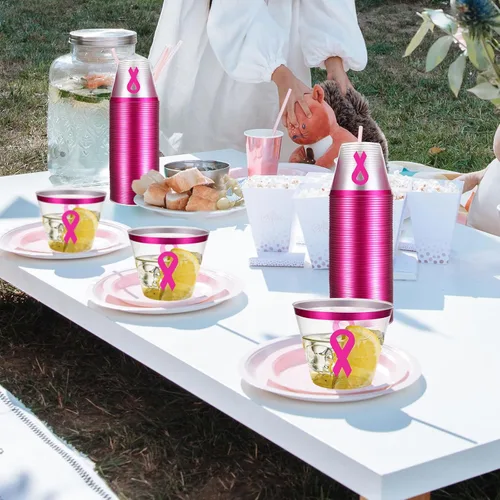Vista 7 de Gejoy 50 vasos de plástico desechables de 9 onzas para concienciación sobre el cáncer de mama, con borde rosa, vasos desechables para fiestas, copas