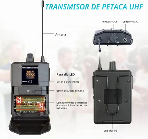 Vista 5 de Sistema de micrófono inalámbrico profesional de 4 canales, auriculares de mano inalámbricos de metal UHF, micrófonos de solapa para cantar karaoke