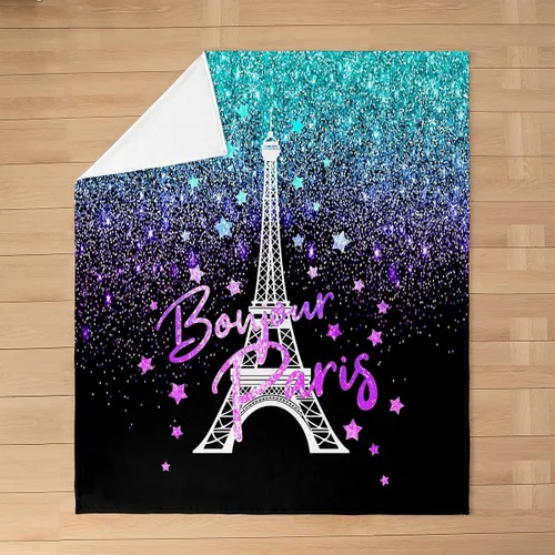 Vista 2 de Feelyou Manta de felpa de la Torre Eiffel con purpurina, color azul, morado, pastel, para todas las estaciones, manta de cama para niños, manta