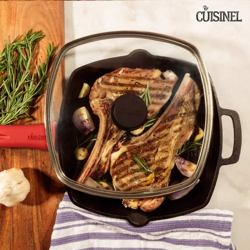 Vista 5 de Cuisinel - Sartén de hierro fundido cuadrada para parrilla + tapa de vidrio + raspador de sartén + cubierta de mango - Sartén con nervaduras