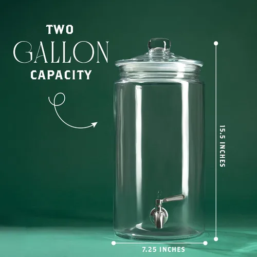 Vista 2 de Dispensador de bebidas de vidrio de 2 galones con boquilla para fiestas, soporte hermético alto y hermético para servir bebidas estilo masón