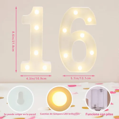 Vista 2 de Señal de número 16 con luz LED, luces blancas cálidas con número