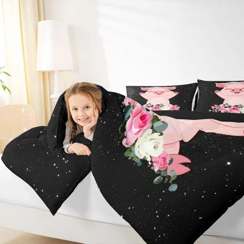 Vista 6 de Erosebridal Juego de edredón de cerdo rosa para niñas, decoración de habitación Kawaii, tamaño individual, relleno de edredón de hojas florales