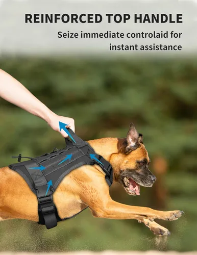 Vista 2 de Arnés táctico para perros de razas medianas y grandes, arnés ajustable para perros de servicio sin tirones con mango y sistema Molle, cordón