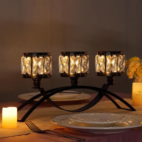 Vista 5 de Candelabro votivo de 3 brazos, candelabros de cristal, centros de mesa de boda para mesas, candelabros de cristal, decoración de mesa (negro)