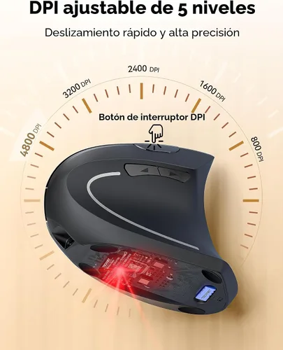 Vista 6 de TECKNET Ratón Ergonómico, Ratón Vertical Inalámbrico Recargable para Túnel Carpiano Mano Derecha, 4800 DPI 5 Niveles Ajustables 2.4GHz con Receptor
