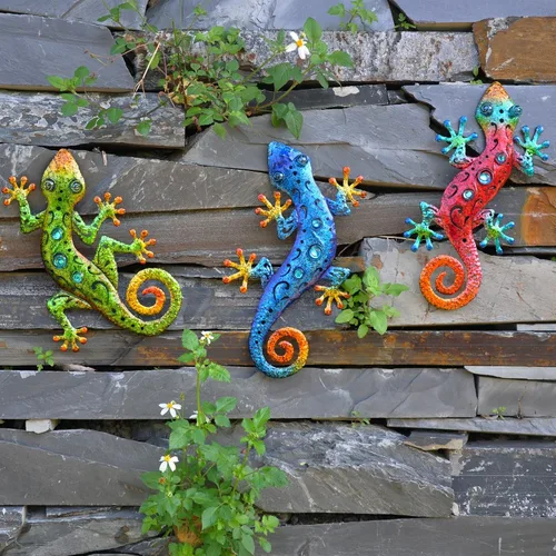 Vista 6 de Lagartos de metal para decoración al aire libre, decoración de pared de Gecko de metal, 13.5 x 8.5 pulgadas, paquete de 3 unidades, adecuado