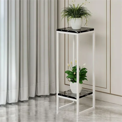 Vista 7 de Mesa cuadrada simple de madera de varios niveles con estante de almacenamiento, soporte para maceta de hierro forjado para sala de estar en Negro