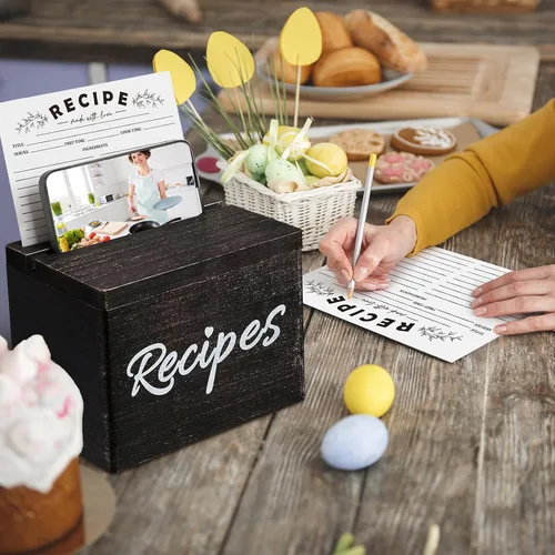 Vista 6 de Caja de recetas de madera con tarjetas, soporte para tarjetas de recetas de madera rústica con 50 piezas, juego de tarjetas de 5 x 7, caja