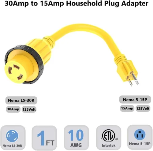 Vista 2 de Cable adaptador marino y RV de 1 pie de 30 amperios a 15 amperios Nema 5