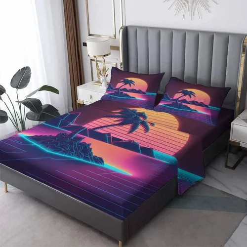 Vista 10 de Vaporwave Sheets - Juego de sábanas de tamaño individual, sábanas de cama de montaña neón y puesta de sol, microfibra suave con bolsillo profundo