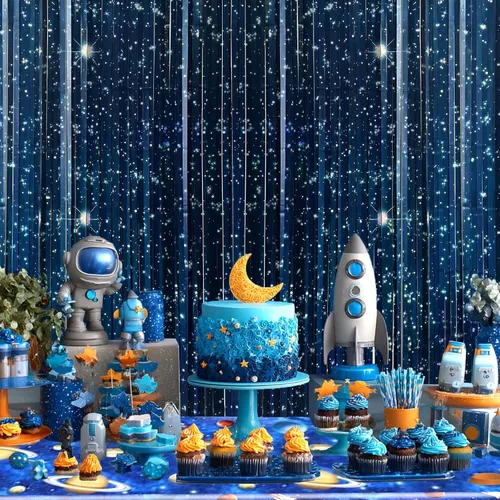 Vista 4 de OQOQ Telón de fondo de cortina de aluminio de galaxia (2 paquetes), 3.3 x 6.6 pies, telón de fondo de noche estrellada para decoración de fiesta