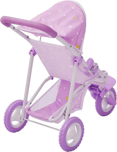 Vista 7 de Olivia's Little World Cochecito de Muñeca Bebé estilo jogging con toldo, cinturón de seguridad y espacio de almacenamiento, morado y blanco