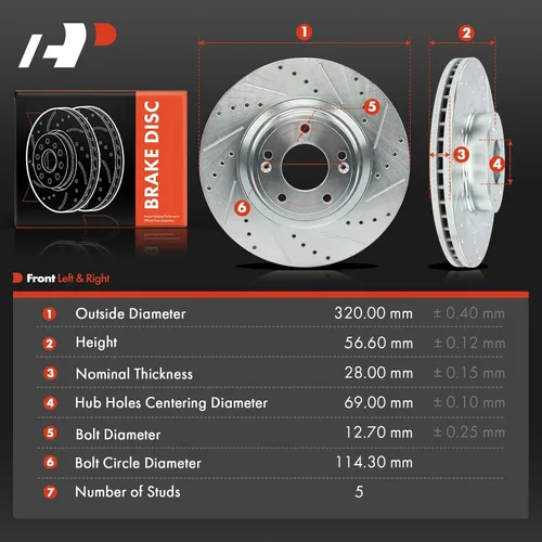 Vista 5 de A-Premium Rotores de freno de disco delanteros perforados y ranurados de 12.6 pulgadas (12.598 in) compatibles con los modelos Hyundai Genesis Coupe