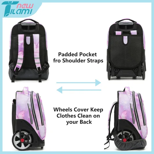 Vista 83 de NEW TILAMI Mochila con ruedas de 19 pulgadas con bolsa de almuerzo para niñas y niños, mochila para laptop con ruedas, bolsa de mano duradera