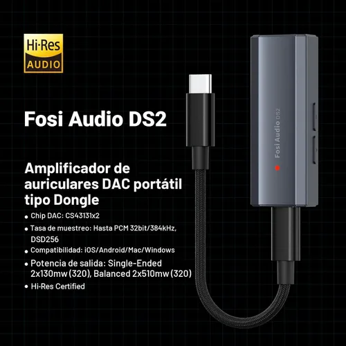 Vista 2 de Fosi Audio DS2 USB C a AUX Amplificador de auriculares DAC Dongle 0.138 in Jack Audio Amplificador portátil de doble salida DSD256 0.173 in
