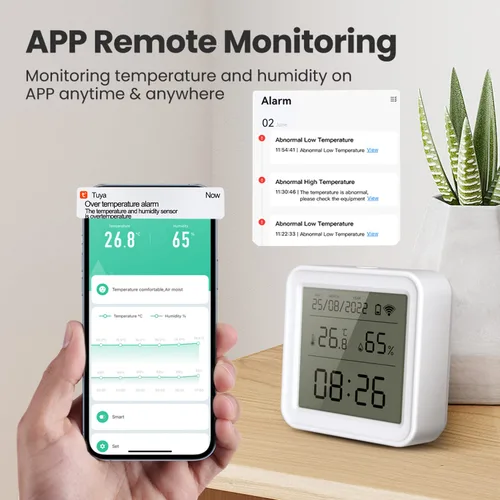 Vista 2 de Sensor de temperatura y humedad WiFi: higrómetro digital inalámbrico para interiores con alertas de aplicación y pantalla de retroiluminación