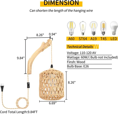 Vista 4 de Frideko Lámpara de Pared de Ratán con Cable de Enchufe Tejida a Mano Apliques de Pared con Enchufe Lámpara de Pared de Cuerda de Papel Aplique