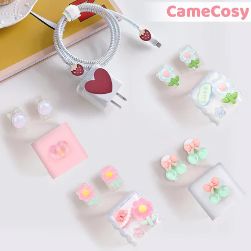 Vista 7 de CameCosy Bonito protector de cable compatible con adaptador de iPhone con diseño de peras de cereza de cristal, cubierta USB de línea de datos suave