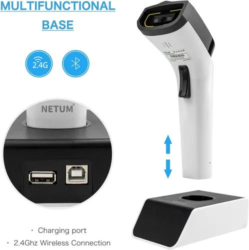 Vista 8 de NETUM Escáner de código de barras inalámbrico Bluetooth 1D de moda, lector de código de barras CCD manos libres con soporte y memoria incorporada
