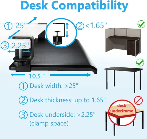 Vista 4 de Max Smart Bandeja de teclado con abrazadera debajo del escritorio, cajones para teclado, plataformas de teclado, 20 pulgadas, fácil montaje, cajón