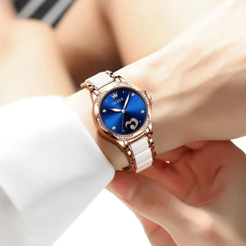 Vista 2 de OLEVS Relojes automáticos mecánicos para mujer de cuerda automática, oro rosa, dos tonos, correa de cerámica, esfera de corazón de amor