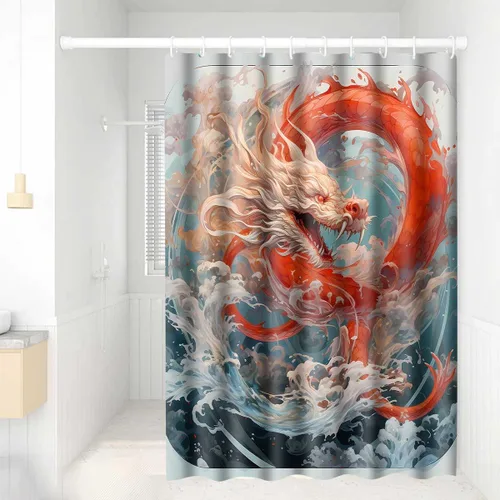 Vista 8 de YLOKPA0717 - Cortina de ducha de dragón japonés con ganchos, enorme ola de mar, cortina de baño de dragón rojo, 36 x 72 pulgadas, decoración de baño